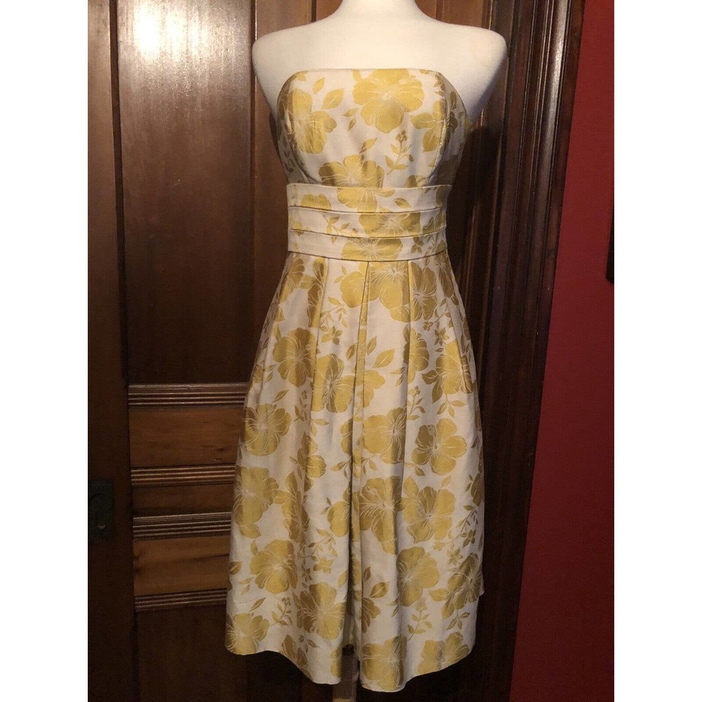 Ann Taylor Gold Floral Silk Blend Strapless Dress Size 2